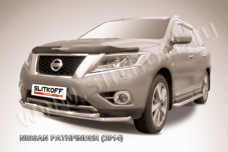 Защита переднего бампера d57+d57 двойная из нержавеющей стали Nissan Pathfinder (2014) NIP14-005