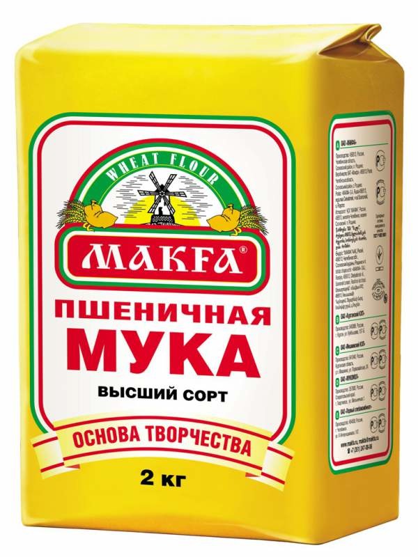 Мука пшеничная высшего сорта в упаковках 1кг и 2кг