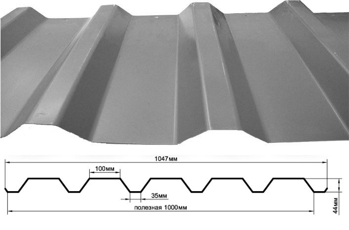 Профнастил оцинкованный С44 х 1000 (0.55мм)