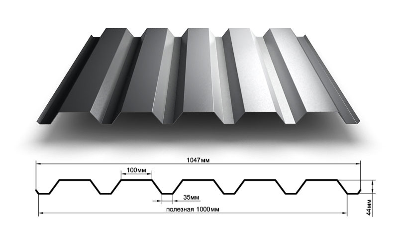 Профнастил оцинкованный С44 х 1000 (0.7мм)