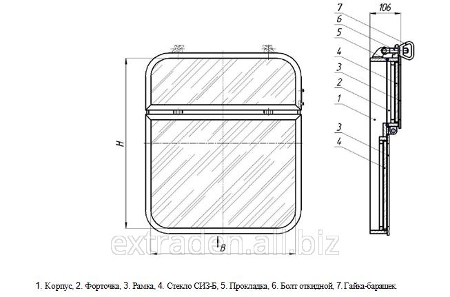 Иллюминатор прямоугольный стальной с форточкой Тип F - легкий